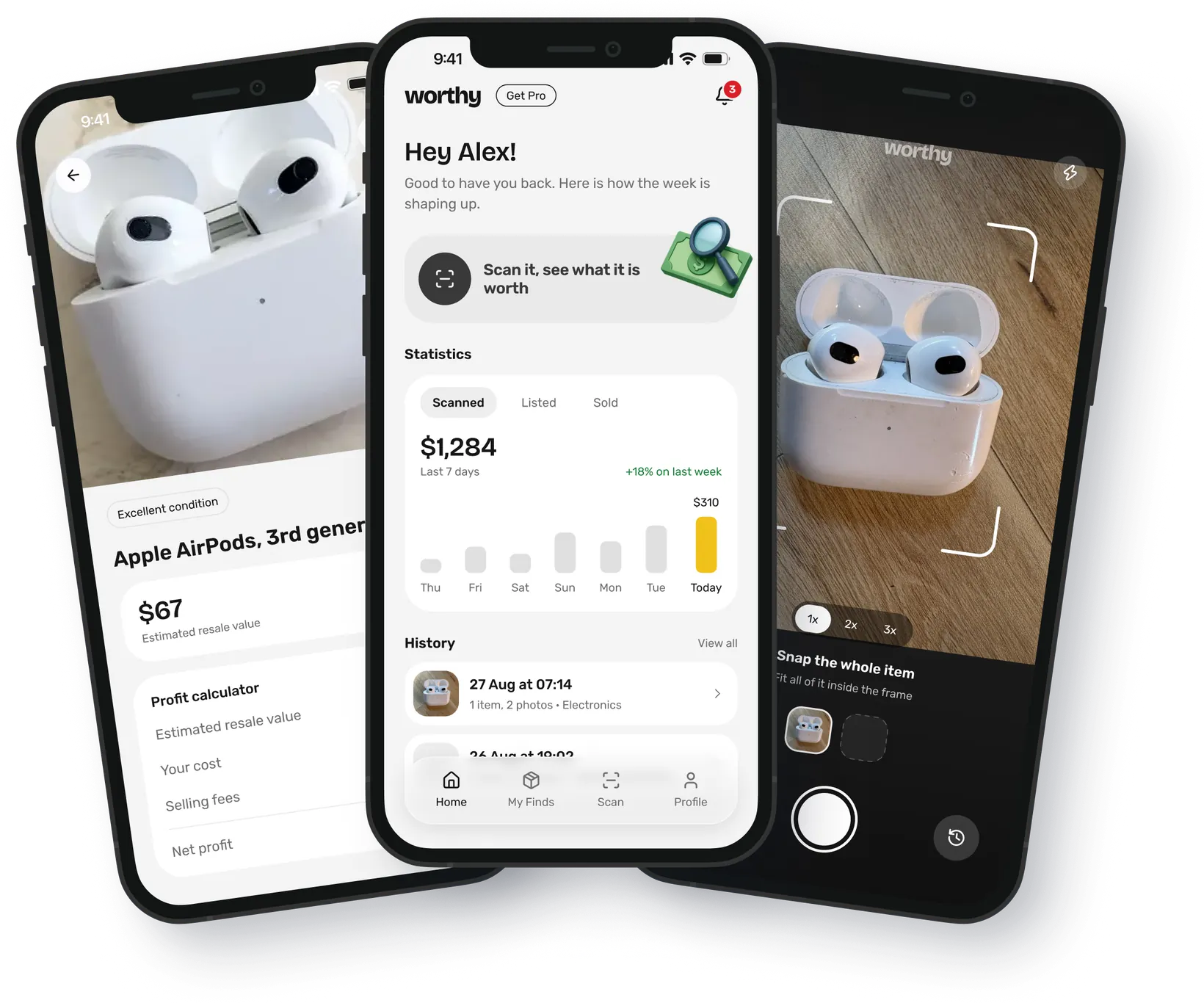 Worthy on three phones: the home screen, a result for AirPods with a $67 estimated resale value, and the camera framing the item