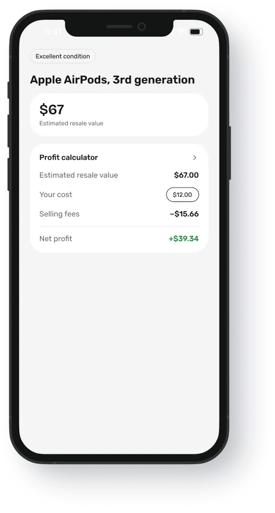 Worthy's result screen for AirPods, 3rd generation, with a $67 estimated resale value and the profit calculator