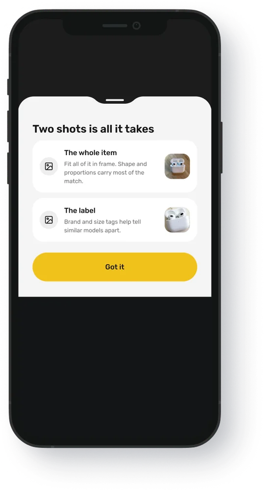 Worthy's guide to the two photos: the whole item, then its label