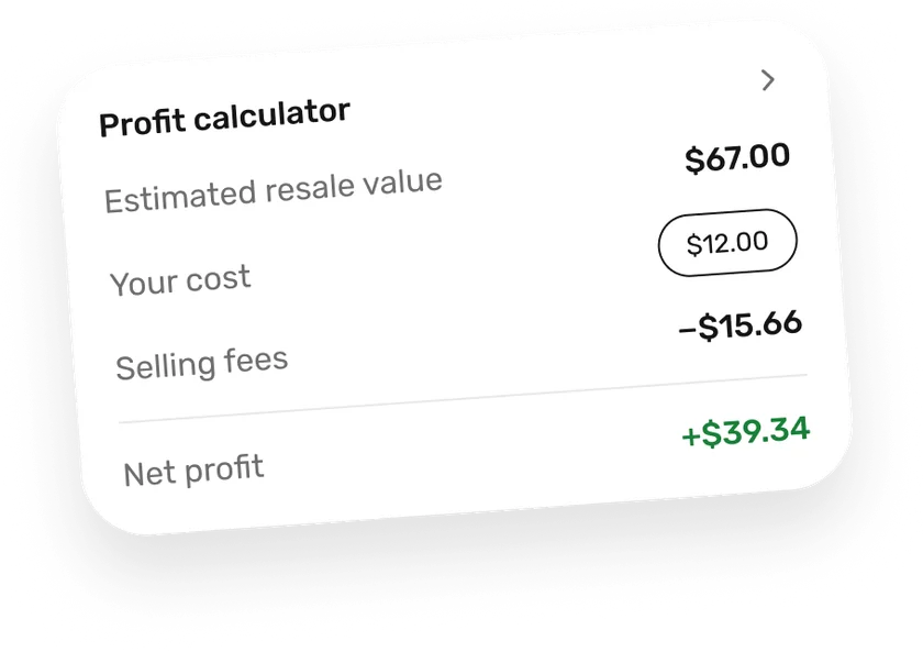 Worthy's profit calculator: estimated resale value $67.00, your cost $12.00, selling fees $15.66, net profit $39.34